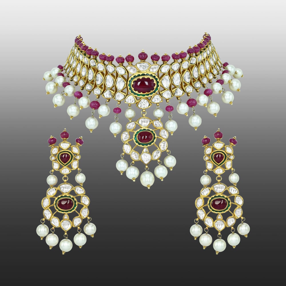 Polki Choker Set with Ruby Cabochons, Pearl Drops, and Pendant
